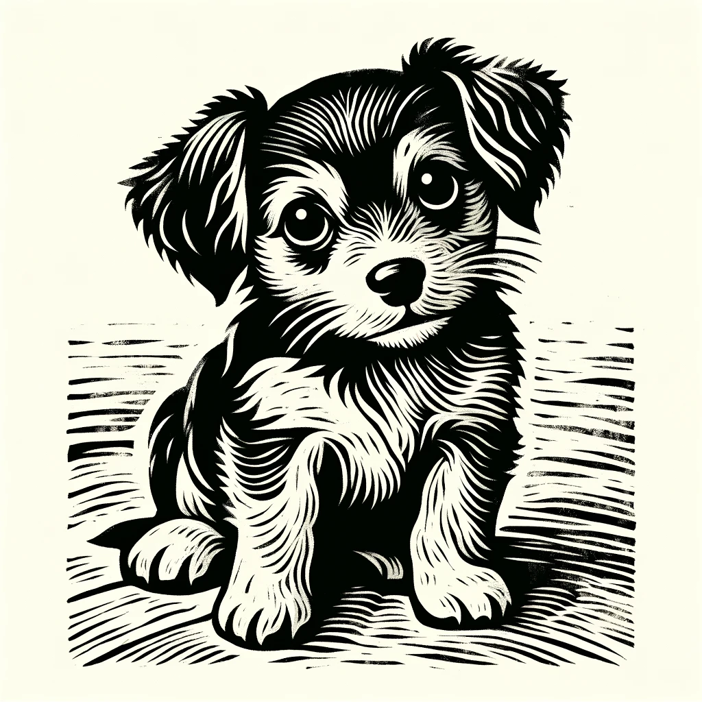 DALL·E 2024-03-19 20.39.35 - A linocut-style image of a cute puppy, capturing the essence of this traditional printmaking technique. The puppy, full of charm and playfulness, has .webp